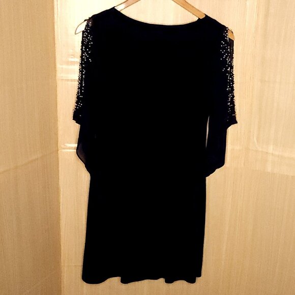 MSK Navy Draped Neck Stretchy Sheer Sleeve Silver Beaded Dress Small - Picture 2 of 5
